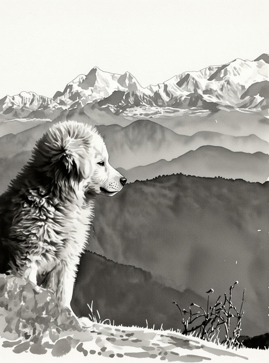 Furry Dog in front of Mountain